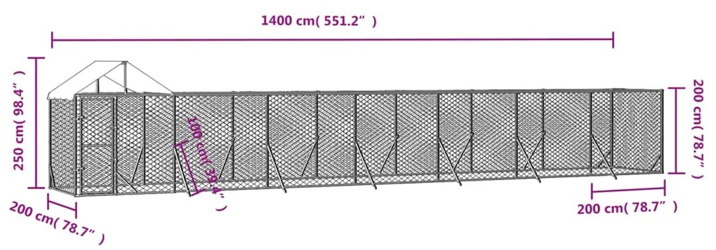 vidaXL Κλουβί Σκύλου Εξ. Χώρου με Οροφή Ασημί 14x2x2,5 μ. Γαλβ. Ατσάλι