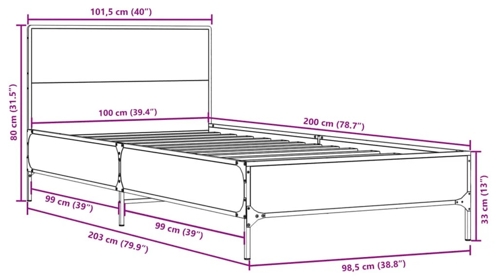 Πλαίσιο Κρεβατιού Γκρι Sonoma 100x200 εκ. Επεξ. Ξύλο &amp; Μέταλλο - Γκρι