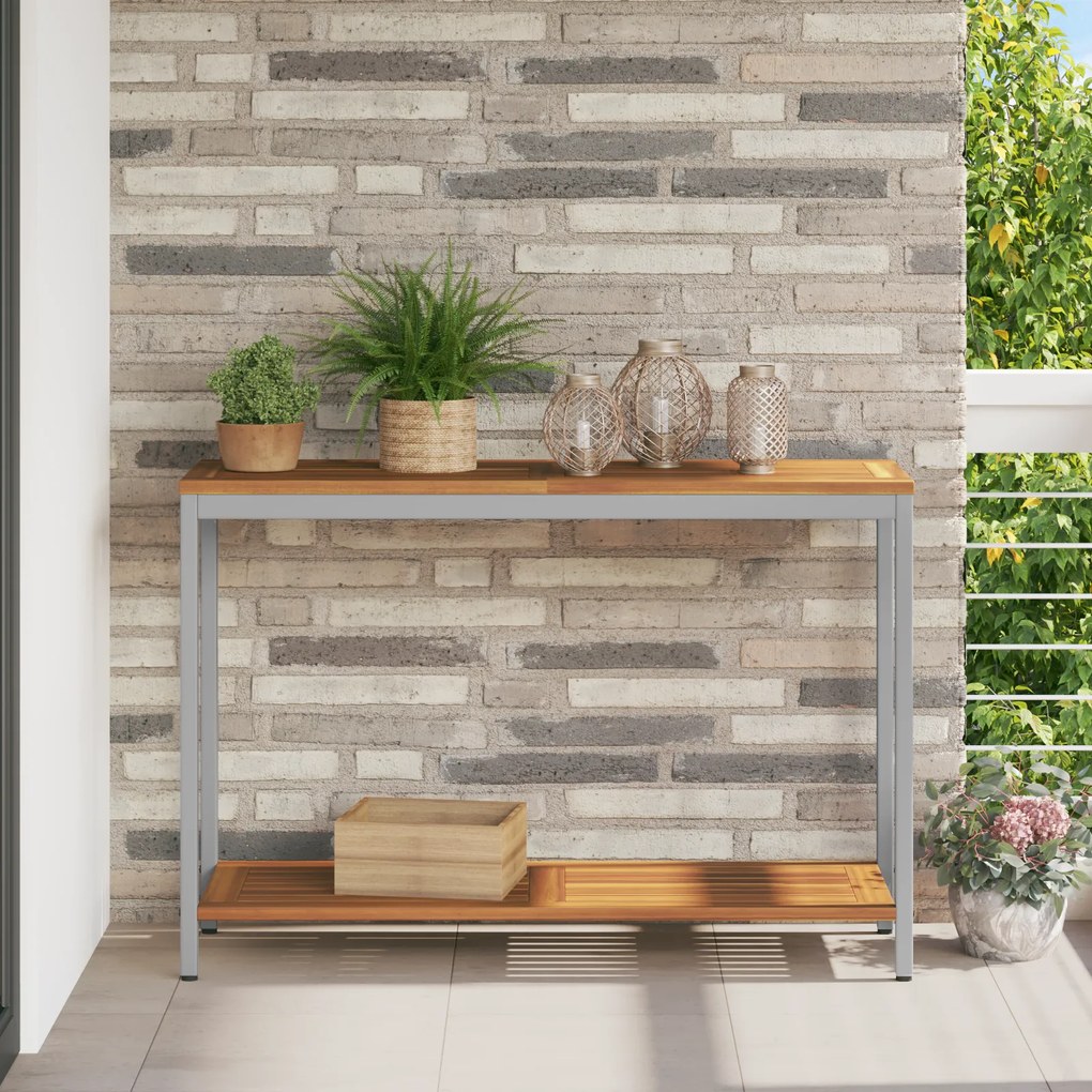 vidaXL Εξωτερικό Τραπέζι Φυσικό & Γκρι 35x110x75 εκ. Μασίφ Ξύλο και Ατσάλι