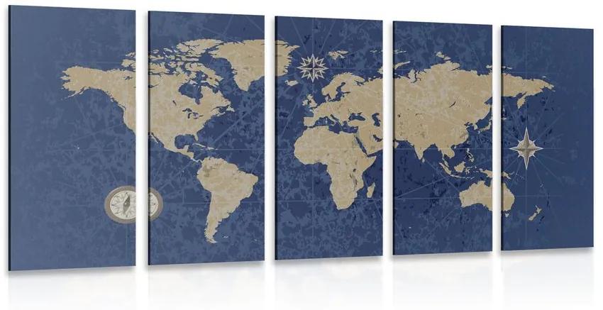 Παγκόσμιος χάρτης εικόνας 5 μερών με πυξίδα σε ρετρό στυλ σε μπλε φόντο - 100x50