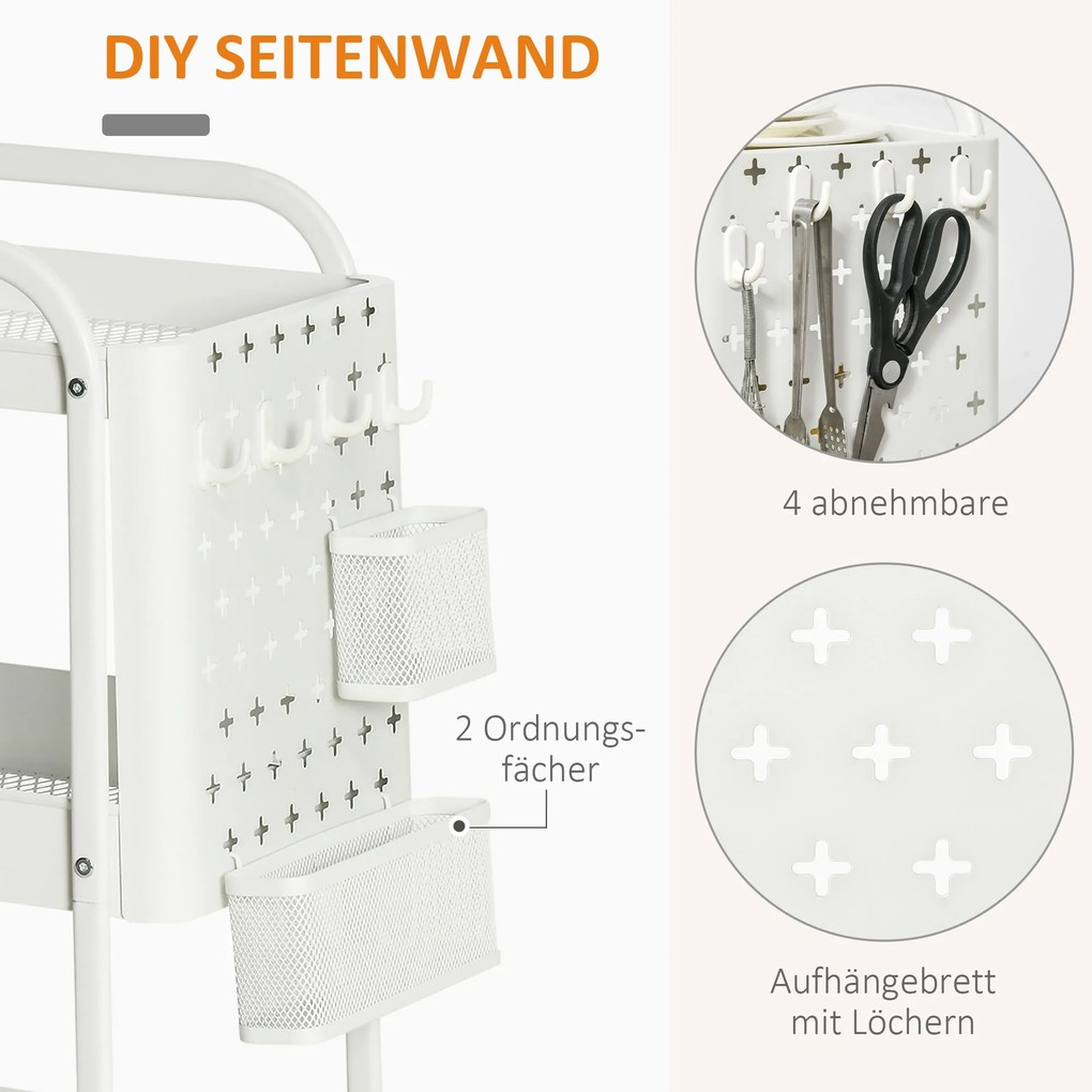 HOMCOM Κουζινικό τρόλεϊ με πίνακα διάτρησης, κρεμάστρες πετσετών και καλάθια αποθήκευσης, 51,5 cm x 32 cm x 75,6 cm, Λευκό