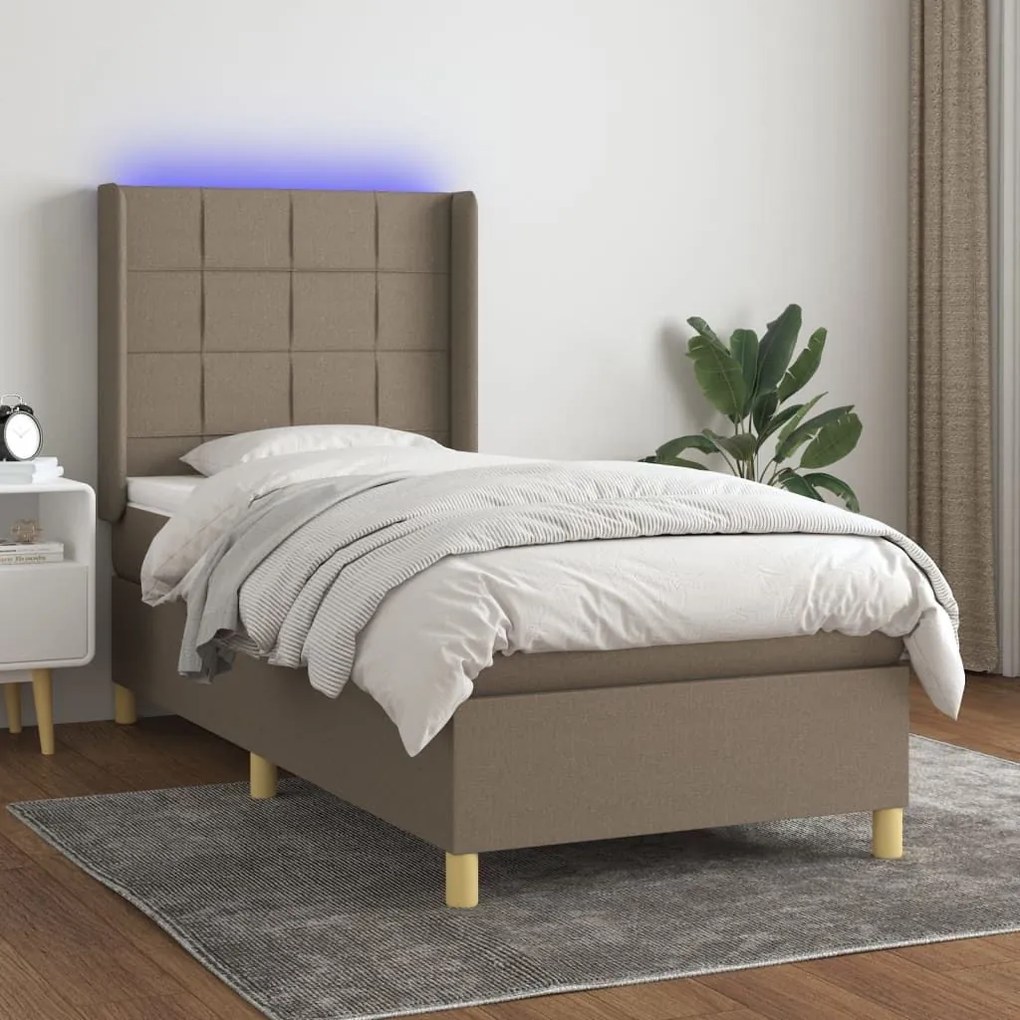 Κρεβάτι Boxspring με Στρώμα &amp; LED Taupe 90x200 εκ. Υφασμάτινο - Μπεζ-Γκρι