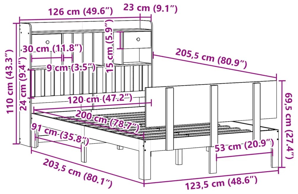 Κρεβάτι Βιβλιοθήκη Χωρίς Στρώμα 120x200 εκ Μασίφ Ξύλο Πεύκο - Καφέ