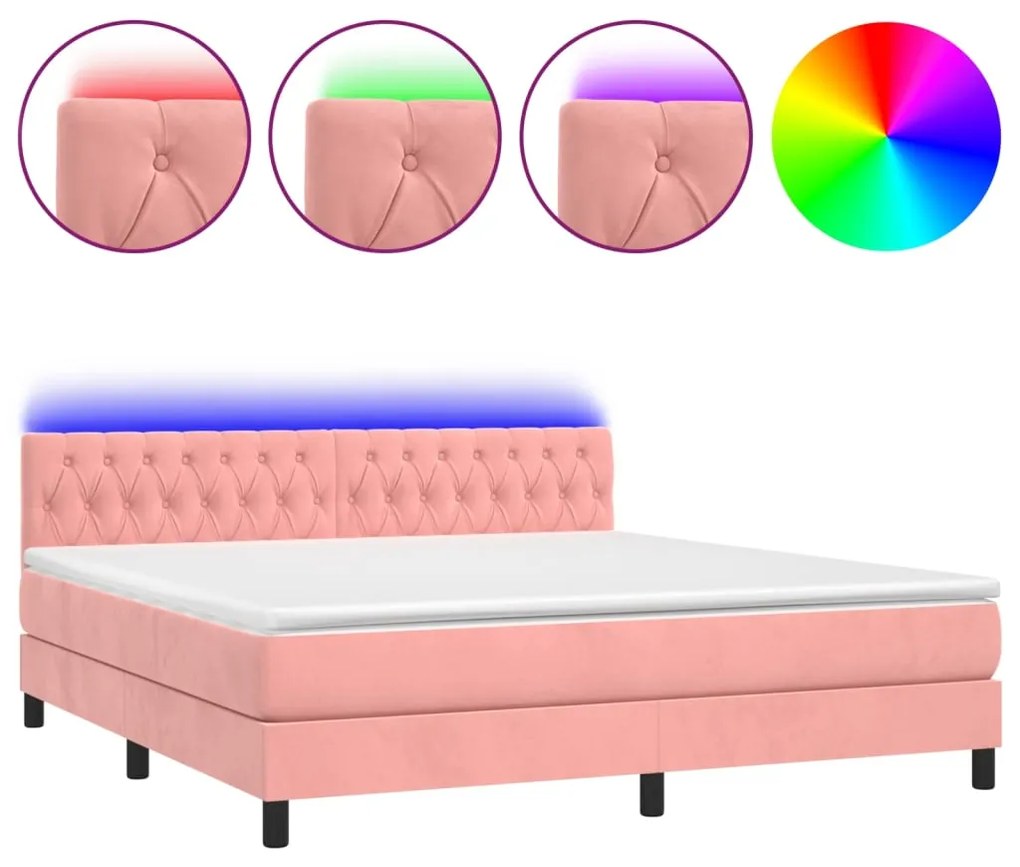 Κρεβάτι Boxspring με Στρώμα &amp; LED Ροζ 160x200 εκ. Βελούδινο - Ροζ