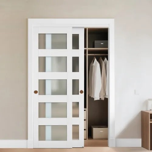 VEVOR Sliding Closet Door, 1219mm (Double 635mm) x 2032 mm, 5-Lite Frosted Glass Bypass Sliding Doors with Hardware Kit, Solid Wood &amp; MDF Slab with Waterproof PVC Surface for Closets Bedrooms