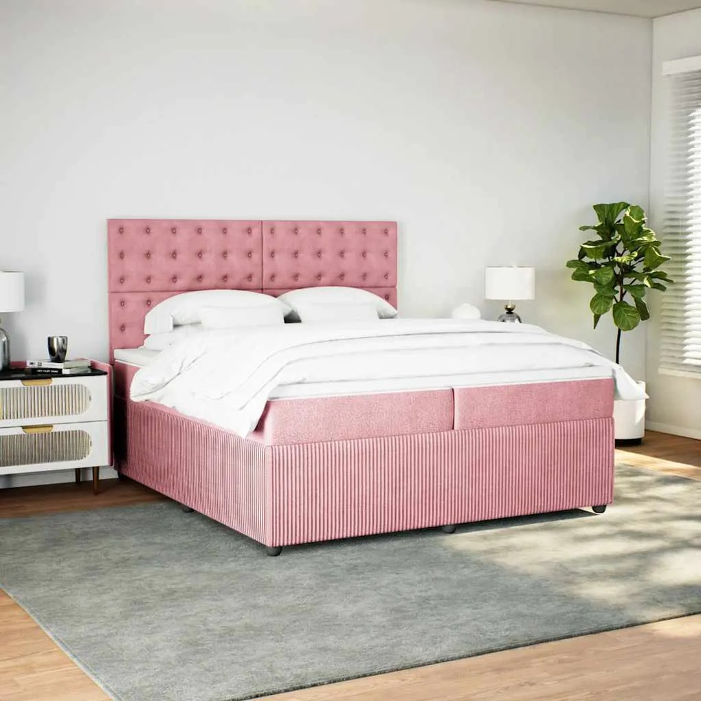 vidaXL Κρεβάτι Boxspring με Στρώμα Ροζ 200x200 εκ. Βελούδινο