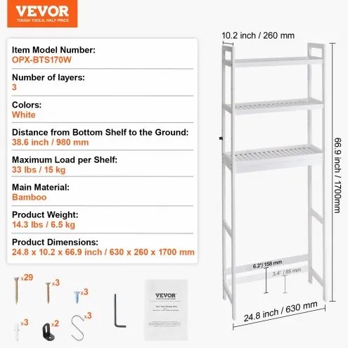 VEVOR Over the Toilet Storage 3-Tier Bathroom Shelf Rack Space Saver Organizer
