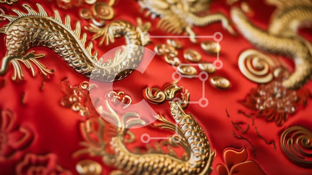 Intra Συλλεκτικό Ξύλινο Παζλ Plywood  4mm - Κόκκινο ύφασμα με χρυσούς δράκους Σε Ξύλινο Κουτί - Διαστάσεις Puzzle: 10x10 cm – 25 κομμάτια