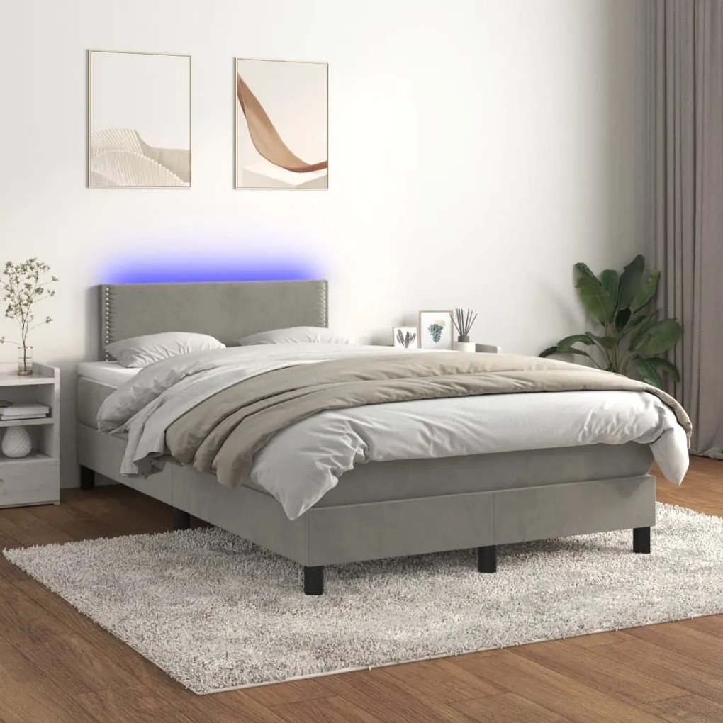 Κρεβάτι Boxspring με Στρώμα &amp; LED Αν.Γκρι 120x190εκ. Βελούδινο - Γκρι