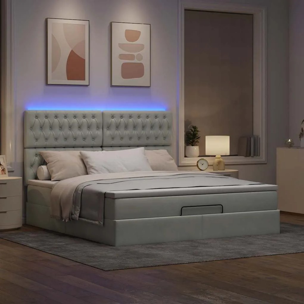 Οθωμανικό κρεβάτι με στρώματα &amp; LEDs Ανοιχτό γκρι Βελούδο 3314402