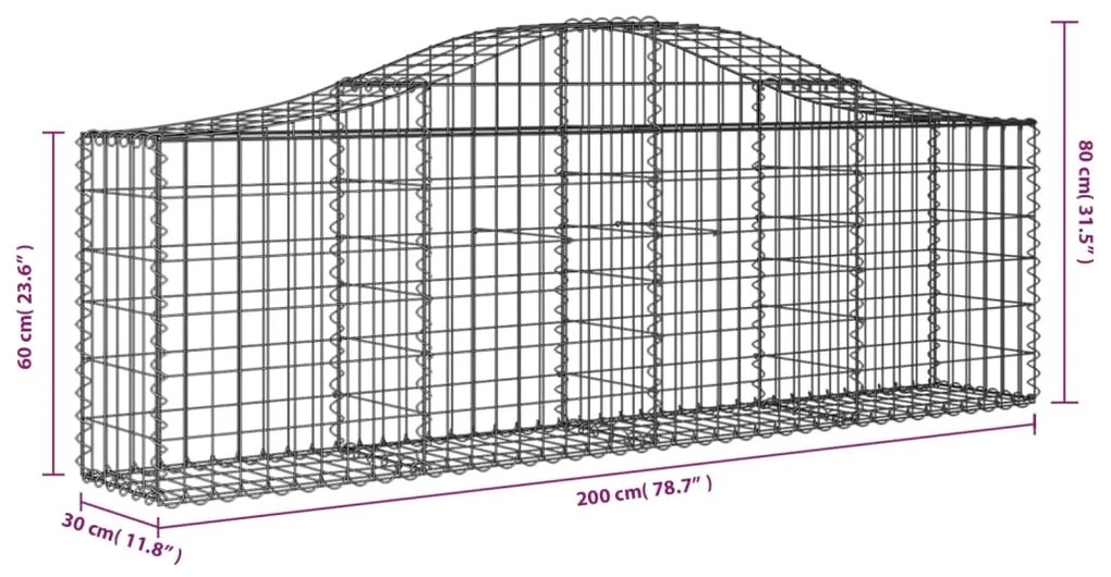 vidaXL Συρματοκιβώτιο Τοξωτό 200x30x60/80εκ. από Γαλβανισμένο Χάλυβα