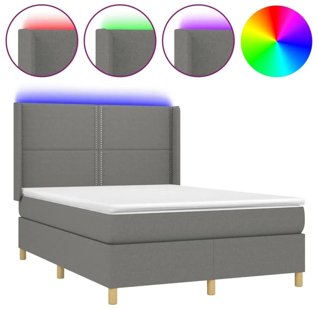 Κρεβάτι Boxspring με Στρώμα &amp; LED Σκ.Γκρι 140x200 εκ Υφασμάτινο - Γκρι
