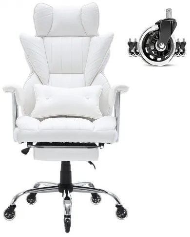 VEVOR Reclining Office Chair with Footrest, Heavy Duty PU Leather Wide Office Chair, Big and Tall Executive Office Chairs with Lumbar Support, Strong Metal Base Quiet Wheels, White