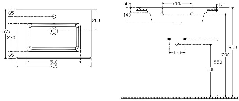 Νιπτήρας Flat Bianco Ceramica-Μήκος : 71,5 εκ.