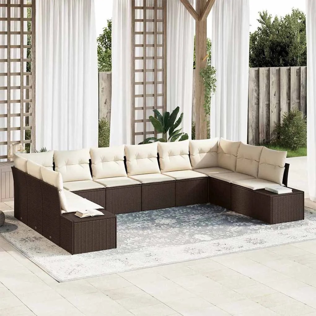 vidaXL Σετ Καναπέ Κήπου με μαξιλάρι 10 pcs Καφέ Πολυ ράταν