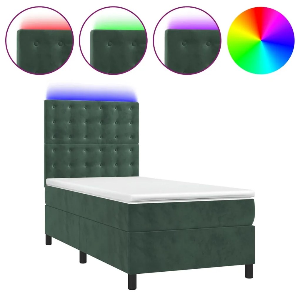 vidaXL Κρεβάτι Boxspring με Στρώμα & LED Σκ. Πράσινο 100x200εκ Βελούδο