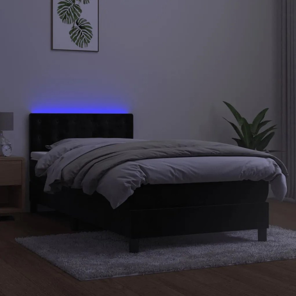 vidaXL Κρεβάτι Boxspring με Στρώμα & LED Μαύρο 90x190 εκ. Βελούδινο