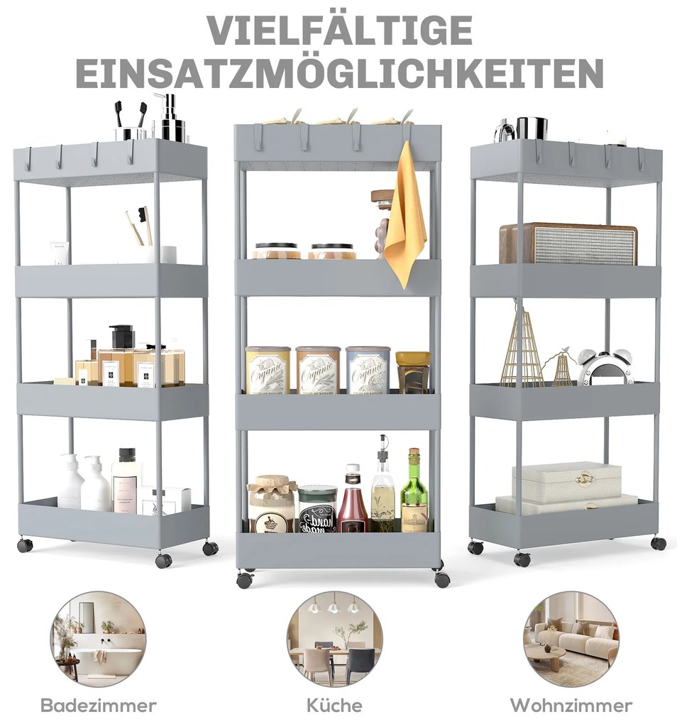HOMCOM Τροχήλατο καρότσι κουζίνας με 4 ράφια, 4 εύκαμπτους γάντζους, 4 τροχούς, 40 cm x 19 cm x 90 cm, καρότσι για στενούς χώρους, Γκρι