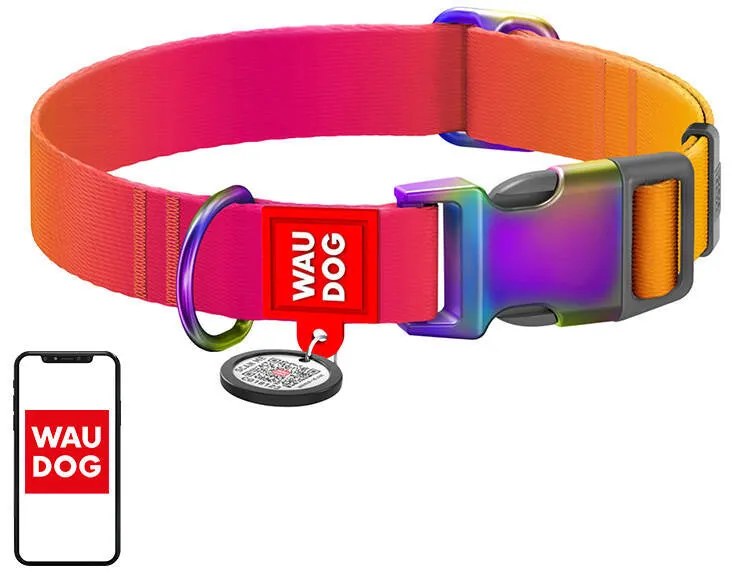 Nylon dog collar with QR code Waudog gradient, orange, size XL