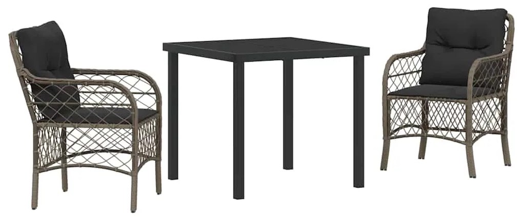 vidaXL Σέτ φαγητού για κήπο με μαξιλάρι 3 pcs Γκρι Πολυ ράταν
