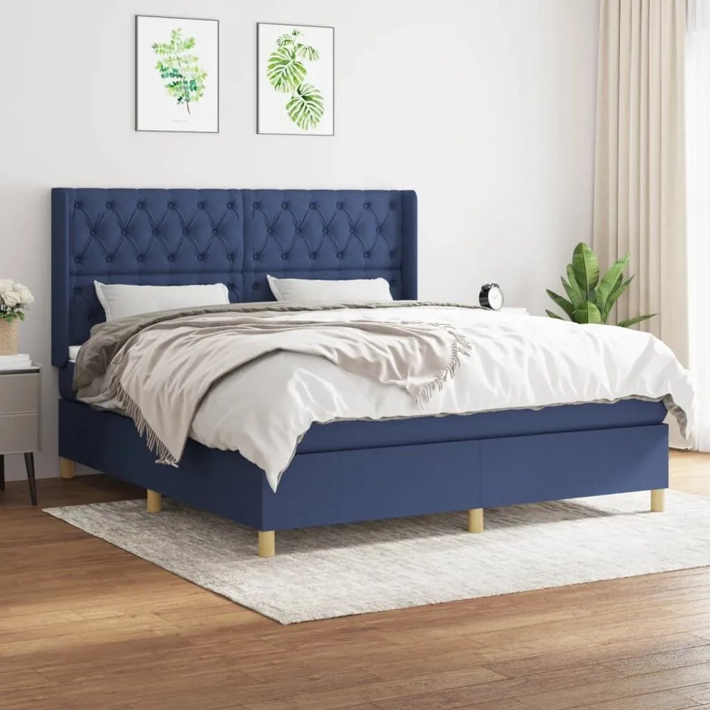 Κρεβάτι Boxspring με Στρώμα Μπλε 160x200 εκ. Υφασμάτινο - Μπλε