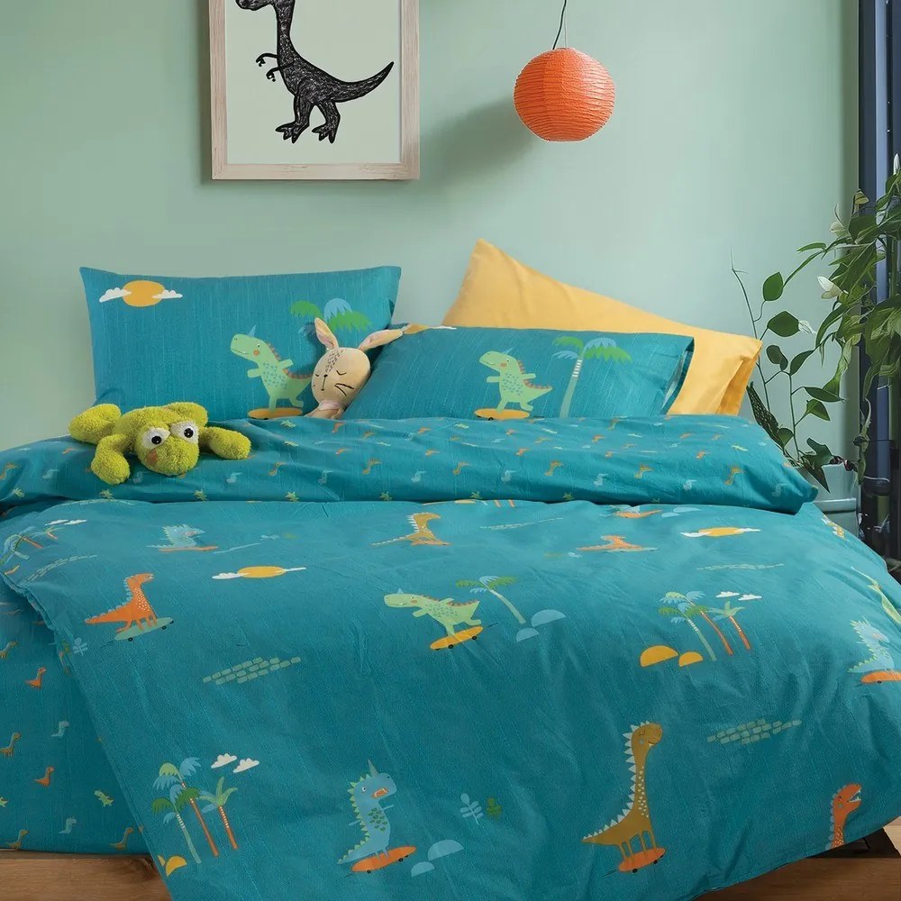 Σεντόνια Παιδικά Dinos On Wheels (Σετ 3τμχ) Petrol Nef-Nef Homeware Μονό 170x260cm 100% Βαμβάκι