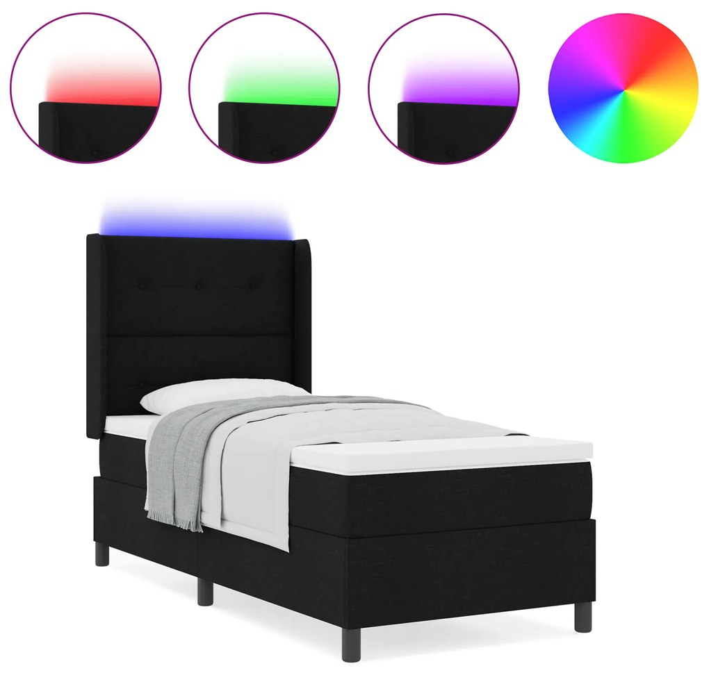 vidaXL κρεβάτι Box Spring με στρώμα & LED μαύρο 90x200 εκ. υφάσματος