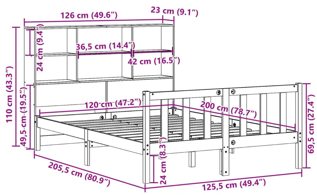 Κρεβάτι Βιβλιοθήκη Χωρίς Στρώμα 120x200 εκ Μασίφ Ξύλο Πεύκο - Καφέ