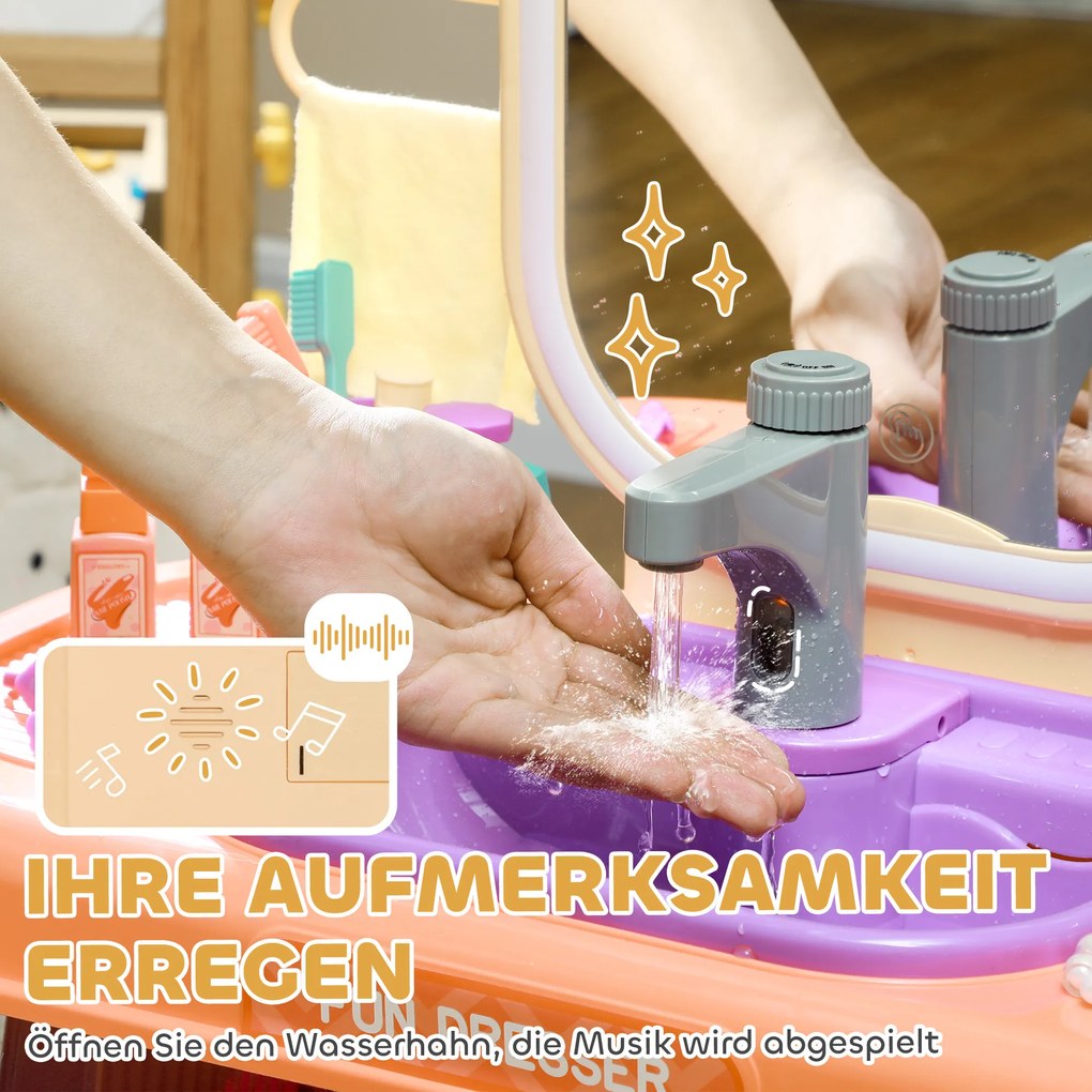 AIYAPLAY Παιδικό Τουαλέτα Μακιγιάζ με Καθρέφτη LED, Μουσική, Βρύση, Ακρυλικό Καθρέφτη, Μωβ, 55x29x71 cm