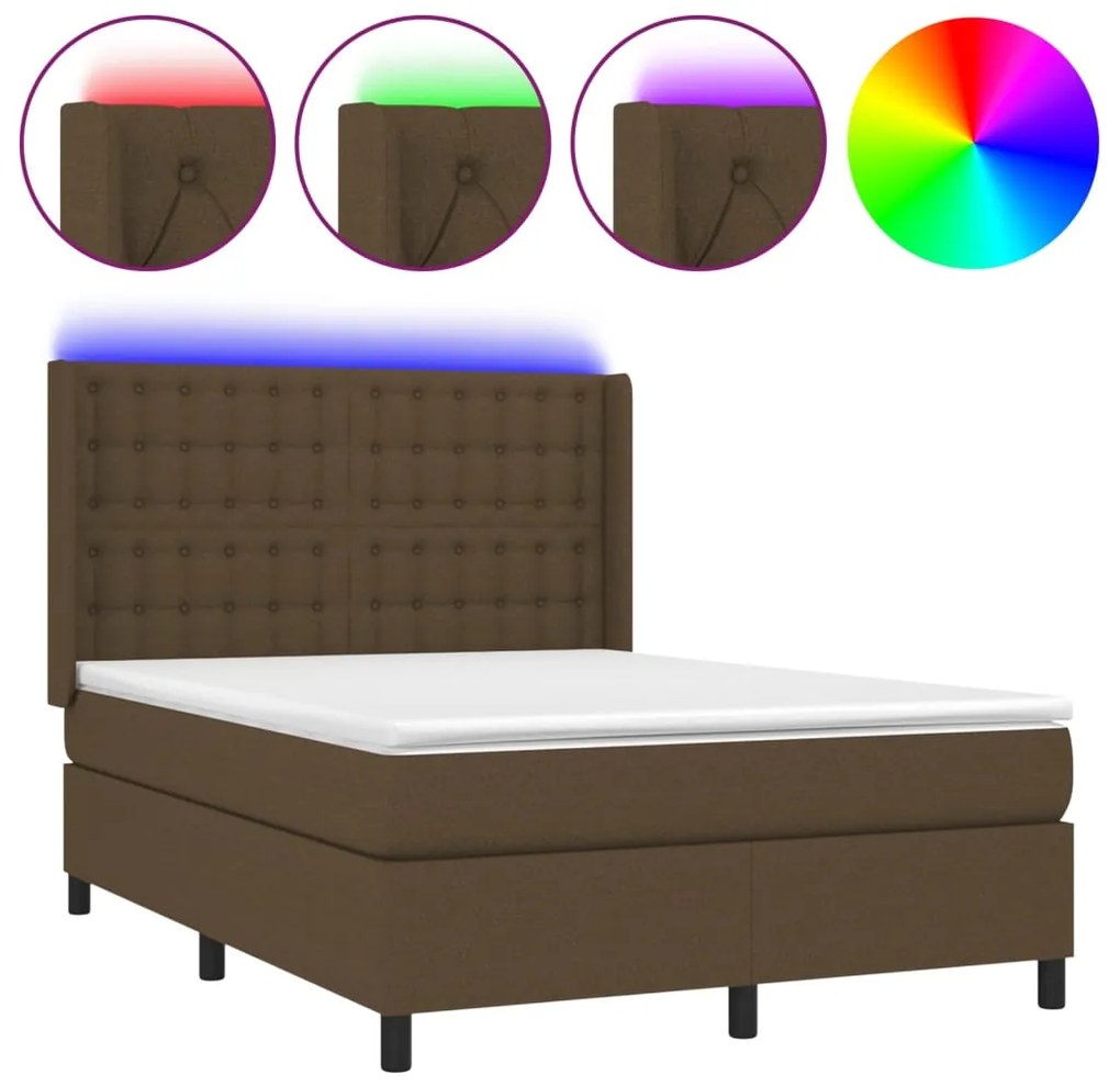 vidaXL Κρεβάτι Boxspring με Στρώμα &amp; LED Σκ.Καφέ 140x200 εκ Υφασμάτινο