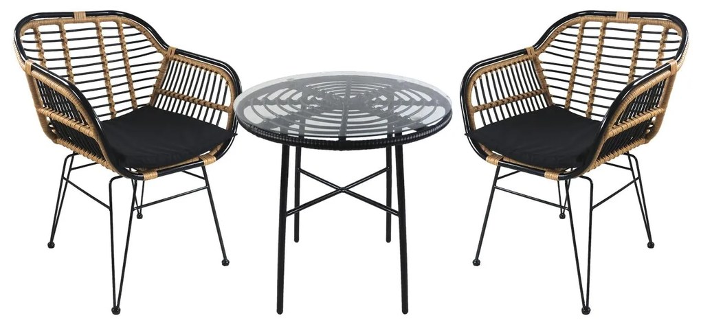 Σετ Τραπεζαρία Κήπου ArteLibre APPIUS Μαύρο Μέταλλο/Rattan/Γυαλί Με 2 Καρέκλες 14990370