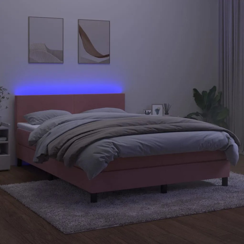 Κρεβάτι Boxspring με Στρώμα &amp; LED Ροζ 140x200 εκ. Βελούδινο - Ροζ