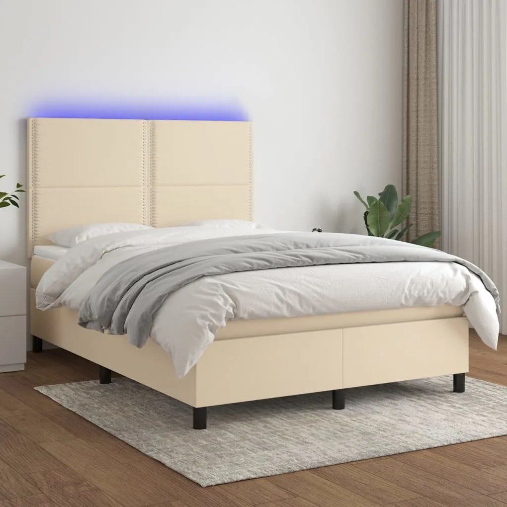 Κρεβάτι Boxspring με Στρώμα &amp; LED Κρεμ 140x190 εκ. Υφασμάτινο