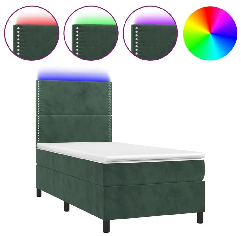 Κρεβάτι Boxspring με Στρώμα &amp; LED Σκ. Πράσινο 90x190 εκ Βελούδο - Πράσινο