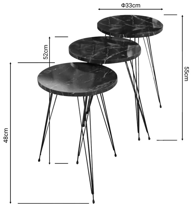 Βοηθητικά τραπέζια Wakmi pakoworld σετ 3τεμ μαύρο μαρμάρου μελαμίνης-μαύρο μέταλλο (1 τεμάχια)