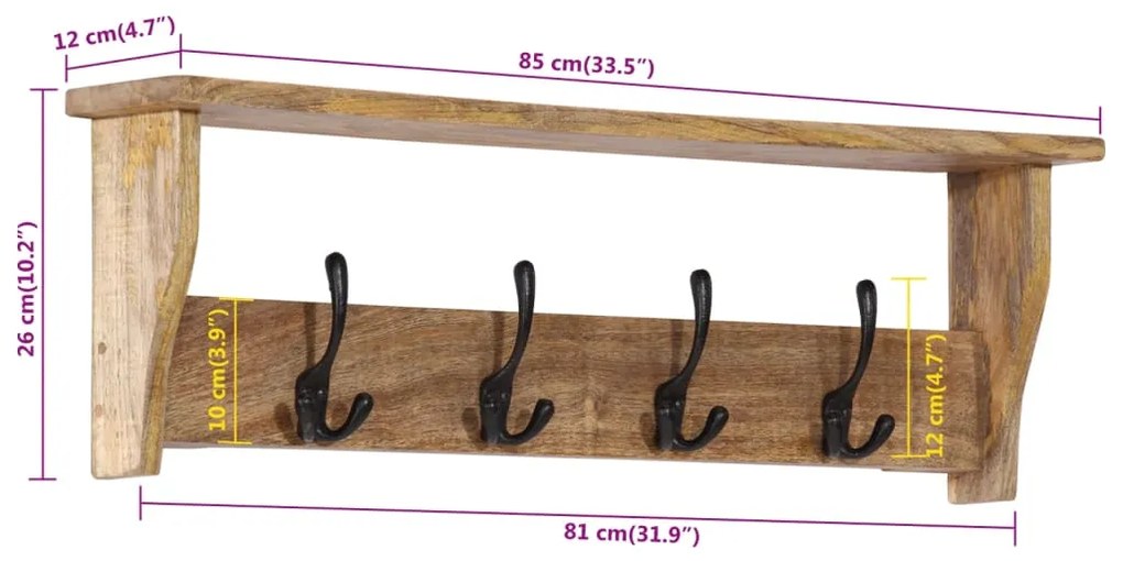 vidaXL Κρεμάστρα Τοίχου με 4 Γάντζους από Μασίφ Ξύλο Μάνγκο