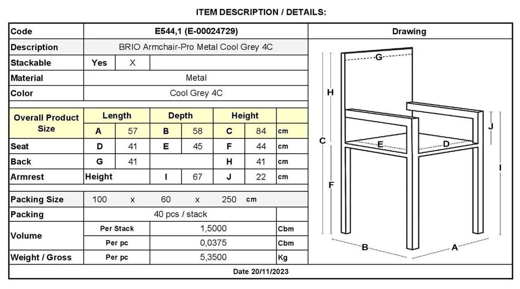 BRIO Πολυθρόνα Στοιβαζόμενη Μέταλλο Βαφή Cool Grey 4C 57x58x84cm