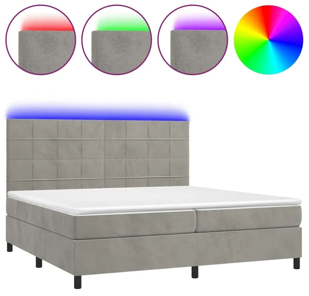 Κρεβάτι Boxspring με Στρώμα &amp; LED Αν.Γκρι 200x200 εκ. Βελούδινο - Γκρι