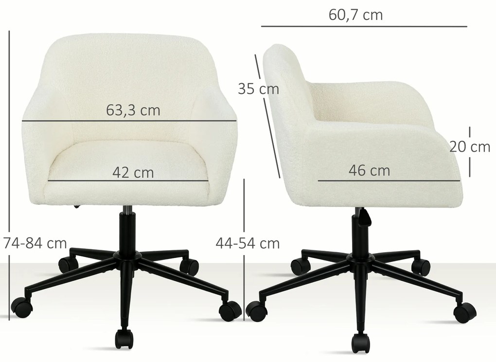 HOMCOM Περιστρεφόμενη καρέκλα γραφείου με ροδάκια, καρέκλα γραφείου, ύφασμα fleece, αφρός, ρυθμιζόμενο ύψος, Home office, Κρεμ
