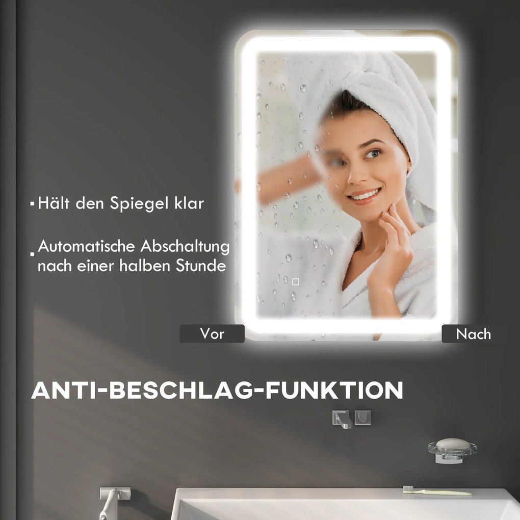 HOMCOM Καθρέφτης μπάνιου, φωτιζόμενος, έλεγχος αφής, αντιθαμβωτικός, ρυθμιζόμενος, 3 χρώματα φωτισμού, 50x70, Ασημί