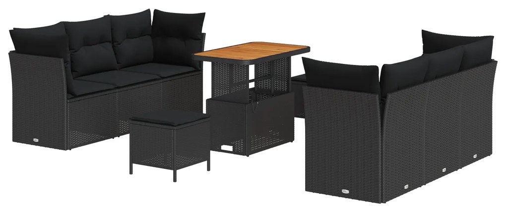 vidaXL Σετ 9 τεμαχίων Καναπέ Κήπου με Μαξιλάρια Μαύρο Πολυ Ρατάν Ακακία