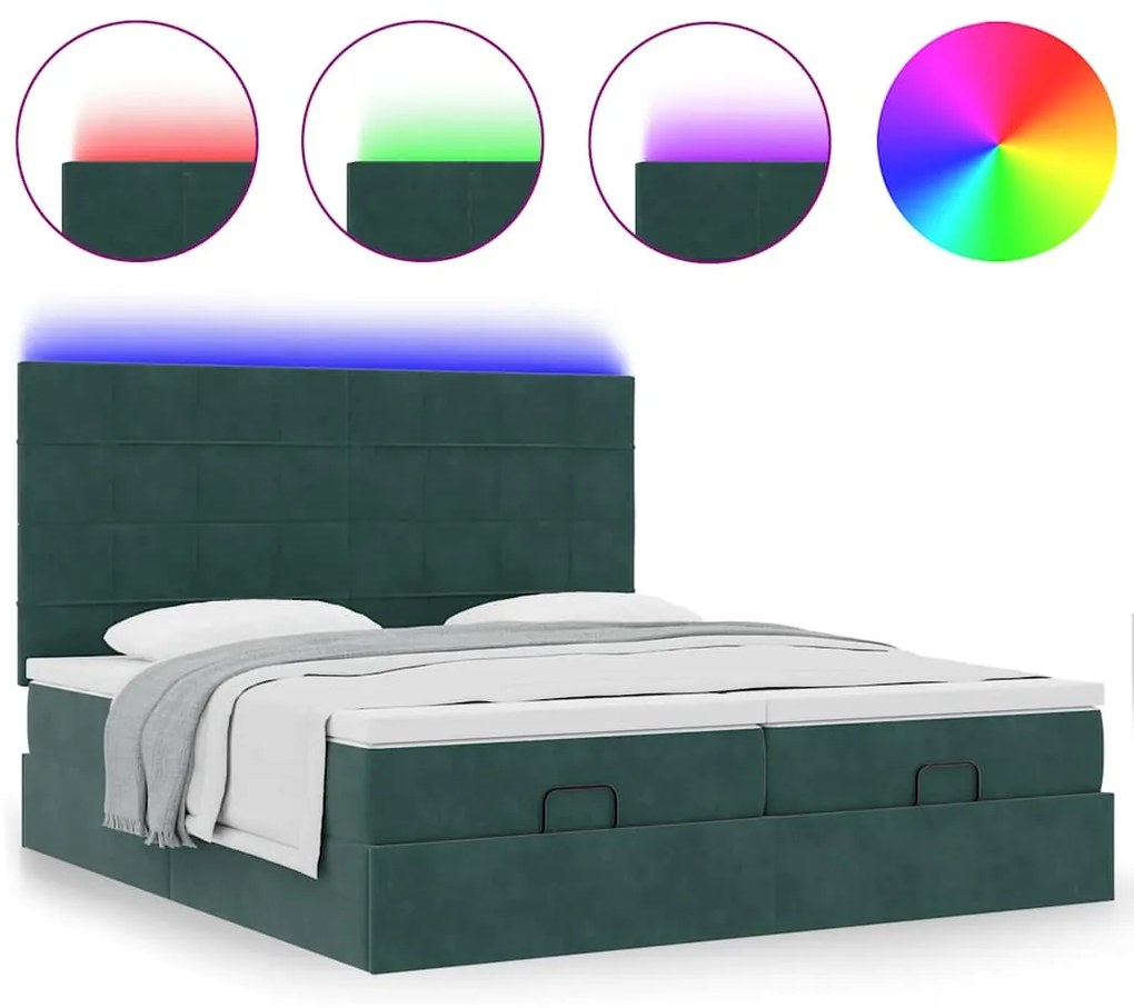 vidaXL Οθωμανικό κρεβάτι με στρώματα &amp; LEDs Σκούρο πράσινο Βελούδο