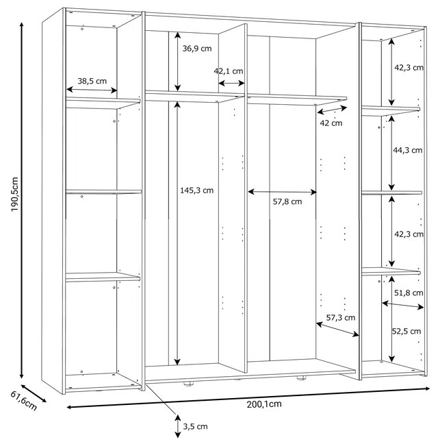 Ντουλάπα ρούχων Closet pakoworld τετράφυλλη sonoma oak-λευκό μελαμίνης 200x61.5x190.5εκ - 318-000002