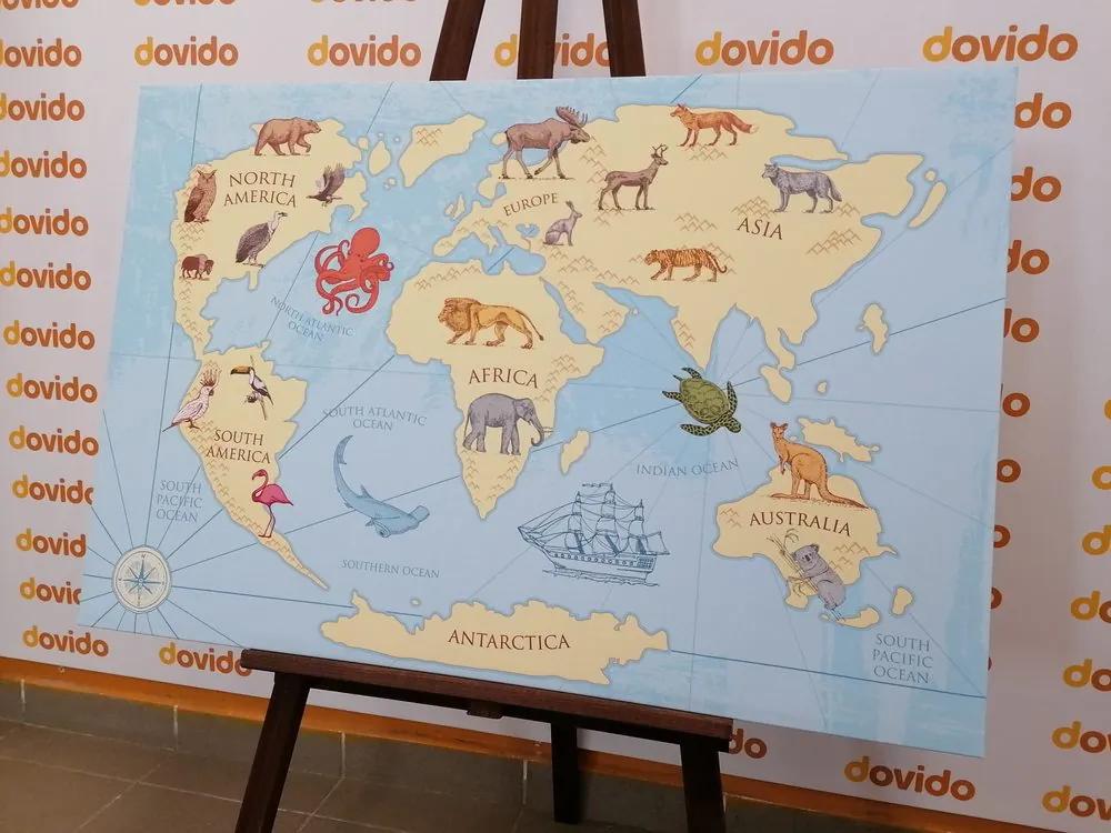 Εικόνα στον παγκόσμιο χάρτη φελλού με τα ζώα - 90x60  peg