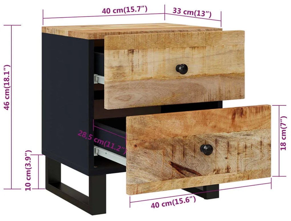 Κομοδίνα 2 τεμ. 40 x 33 x 46 εκ. από Μασίφ Ξύλο Μάνγκο - Μαύρο