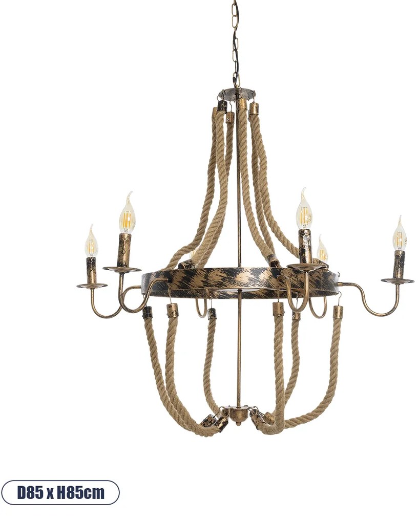 01404 GloboStar®  VICTORIAN 01404 Vintage Κρεμαστό Φωτιστικό Ανάρτηση Πολύφωτο 6 x E14 IP20 Χάλκινο Μέταλλο με Μπεζ Σχοινί - Μ85 x Π85 x Y85cm
