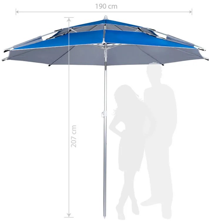 Ομπρέλα παραλίας Muhler 22511008629, Ø190 cm, Ύψος 203 cm, 8 νευρώσεις από fiberglass, Ρυθμιζόμενη κλίση, UV προστασία UPF 50+, Μπλε
