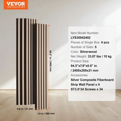 VEVOR Wood Slat Acoustic Panels 7.9 x 94.5 inch for Modern Wall Decor Silver Wood