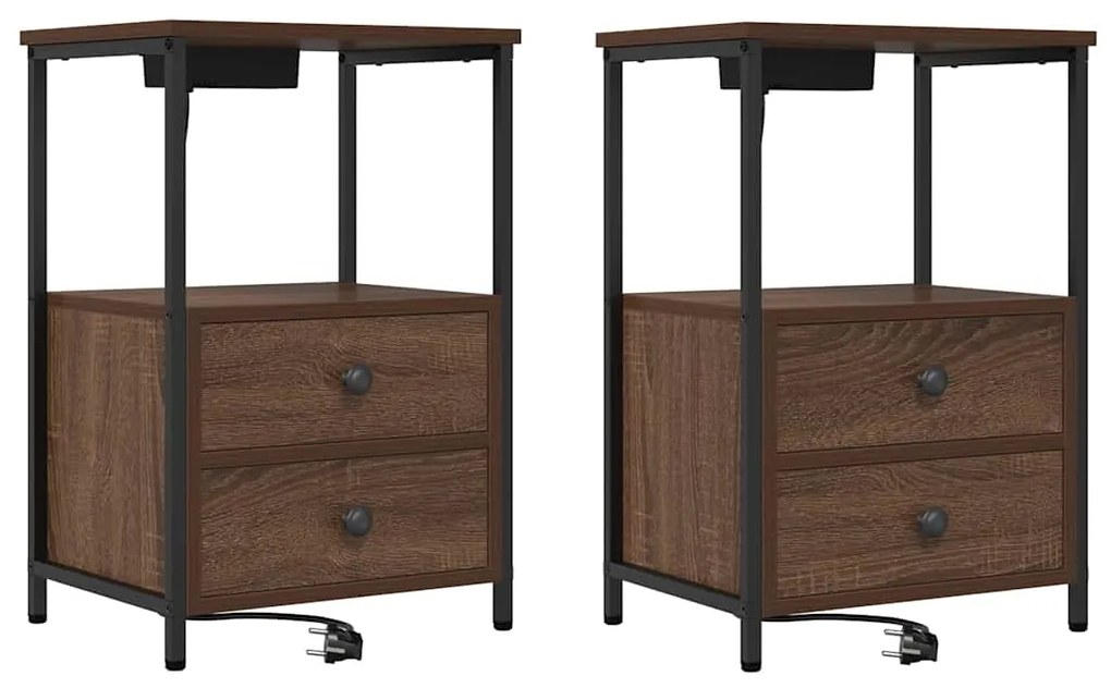 vidaXL Κομοδίνο με Σταθμό Φόρτισης 2 pcs Καφέ δρυς Επεξεργασμένο ξύλο