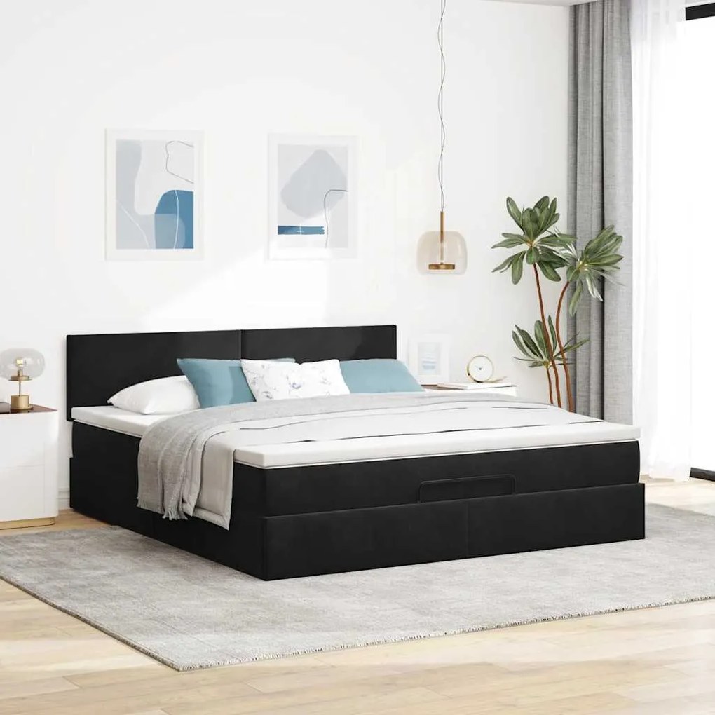 vidaXL Οθωμανικό κρεβάτι με στρώμα & LEDs Μαύρο 160x200cm Velvet